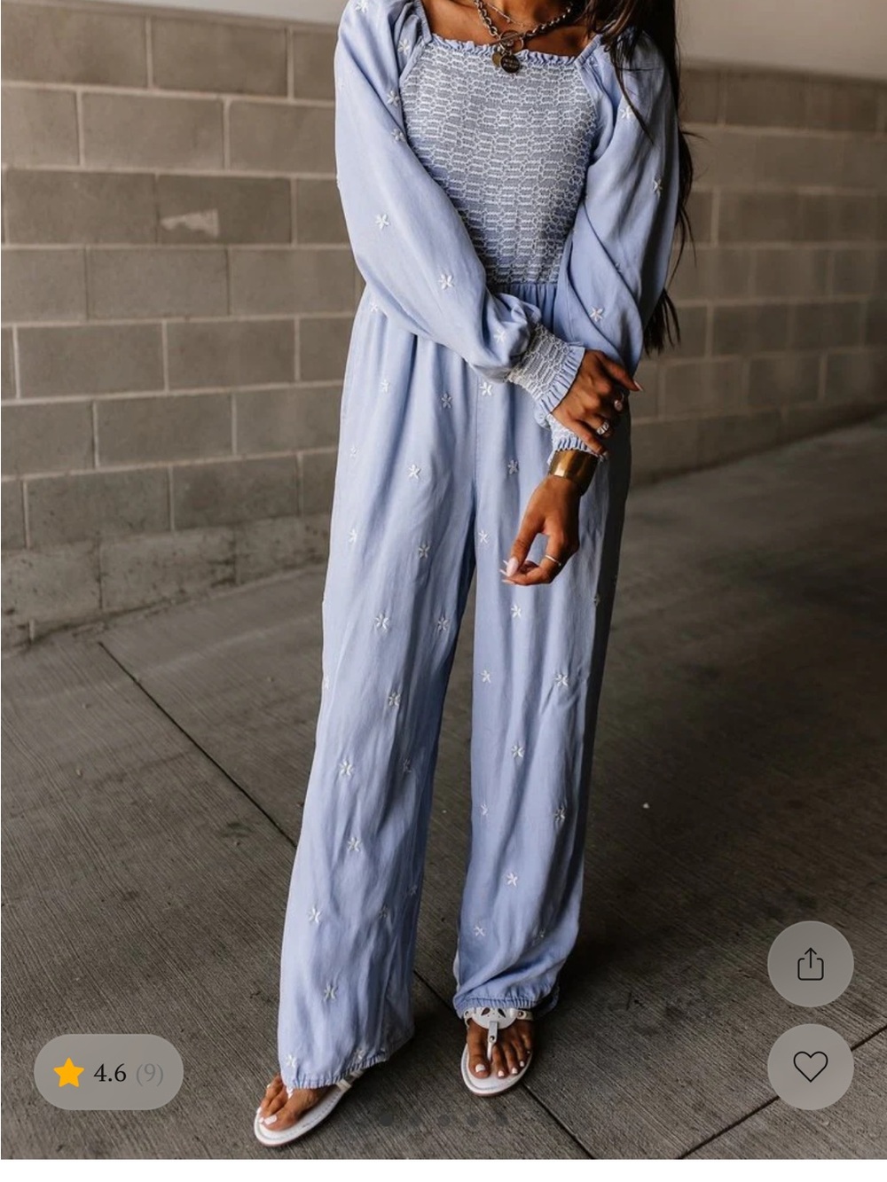 Smocked Bodice Wide-Leg Jumpsuit in Light Blue
